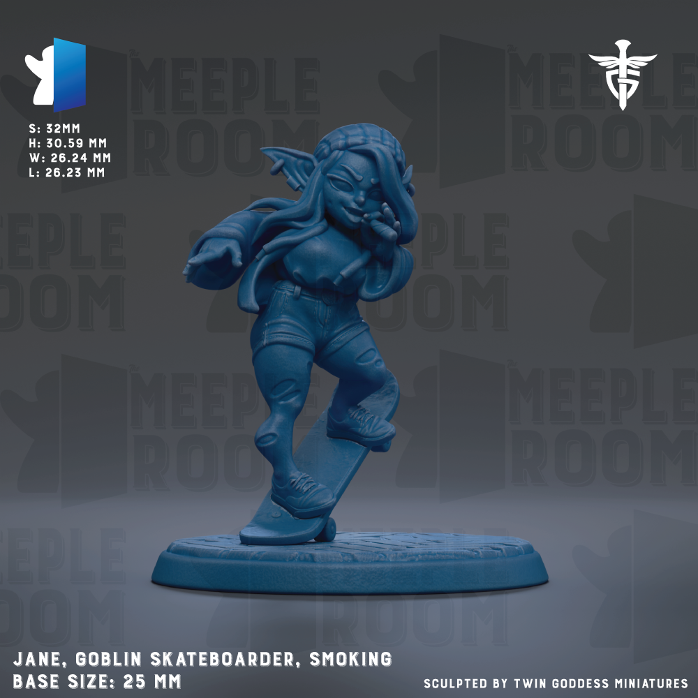 a blue figurine of a female character, likely a girl or a woman, who is riding a skateboard. The figurine is standing on a skateboard and appears to be in motion. The background of the image is dark, which contrasts with the blue color of the figurine. The image is described as a "MEIPLE ROOM" and "MEIPLE ROOM" based on the repeated text in the background. The figurine is described as a "JANE, GOBlin SKATEBOARDER, SMOKING" and has a base size of "25mm".