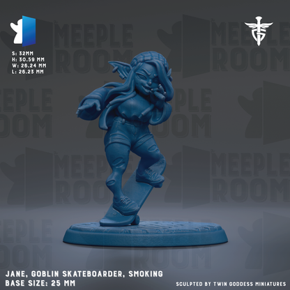 a blue figurine of a female character, likely a girl or a woman, who is riding a skateboard. The figurine is standing on a skateboard and appears to be in motion. The background of the image is dark, which contrasts with the blue color of the figurine. The image is described as a "MEIPLE ROOM" and "MEIPLE ROOM" based on the repeated text in the background. The figurine is described as a "JANE, GOBlin SKATEBOARDER, SMOKING" and has a base size of "25mm".