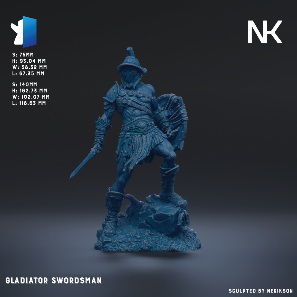 a blue statue of a gladiator swordsman, holding a shield and sword, standing on a rock formation.
