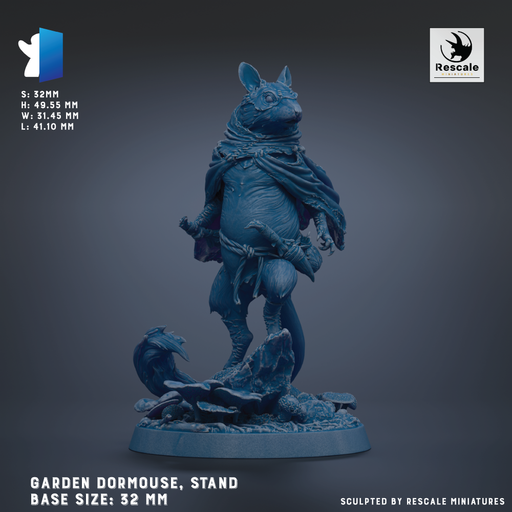 The image is a 3D model of a blue dormouse statue, standing on a base. The statue is described as a "Garden Dormouse, Stand" and has a base size of 32 mm. The image is a sculpture, and it is created by Rescale miniatures.