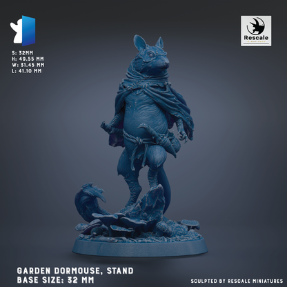 The image is a 3D model of a blue dormouse statue, standing on a base. The statue is described as a "Garden Dormouse, Stand" and has a base size of 32 mm. The image is a sculpture, and it is created by Rescale miniatures.