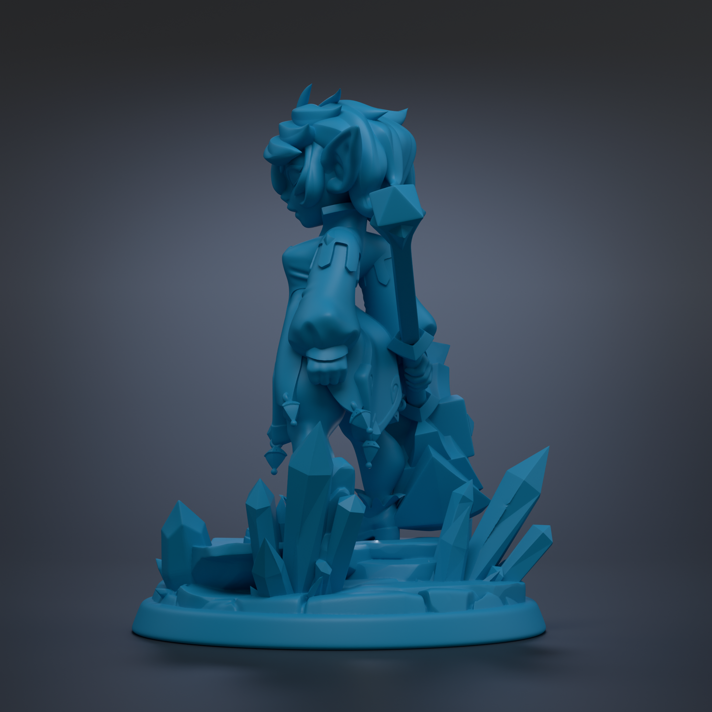 A 3D rendering of a blue, abstract figure with a sword and crystal-like elements, set against a dark background.