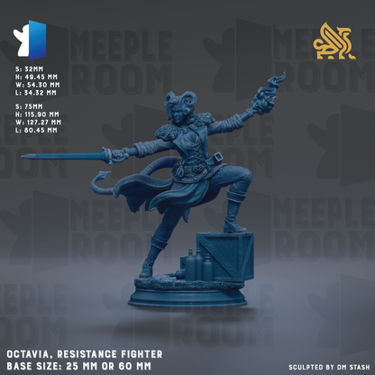a blue statue of a resistance fighter, with a sword in hand, standing on a base. The statue is of a size of 25mm or 60mm.