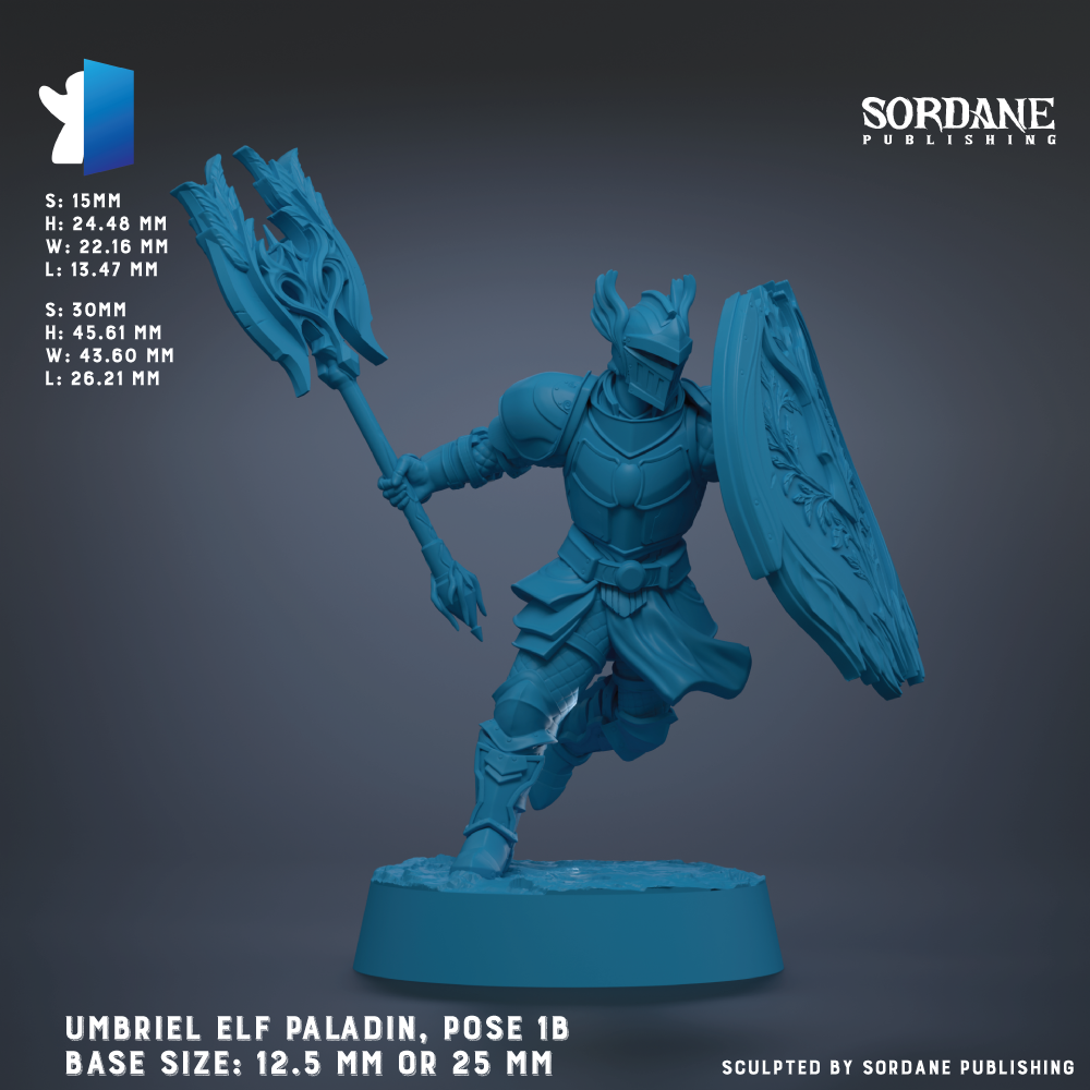 The image is a 3D rendering of an Umbriel Elf paladin, a fantasy character from the video game series of the same name. The paladin is depicted in a dynamic pose, holding a large shield and a sword. The image is in a blue color scheme, and the base size of the paladin is either 12.5 mm or 25 mm. The image is published by Sordane Publishing.