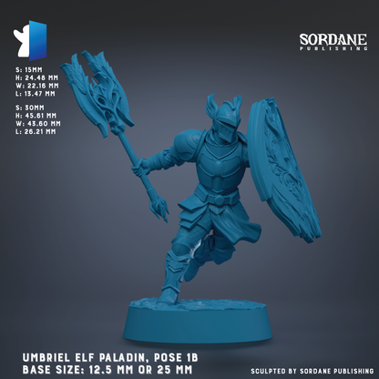 The image is a 3D rendering of an Umbriel Elf paladin, a fantasy character from the video game series of the same name. The paladin is depicted in a dynamic pose, holding a large shield and a sword. The image is in a blue color scheme, and the base size of the paladin is either 12.5 mm or 25 mm. The image is published by Sordane Publishing.