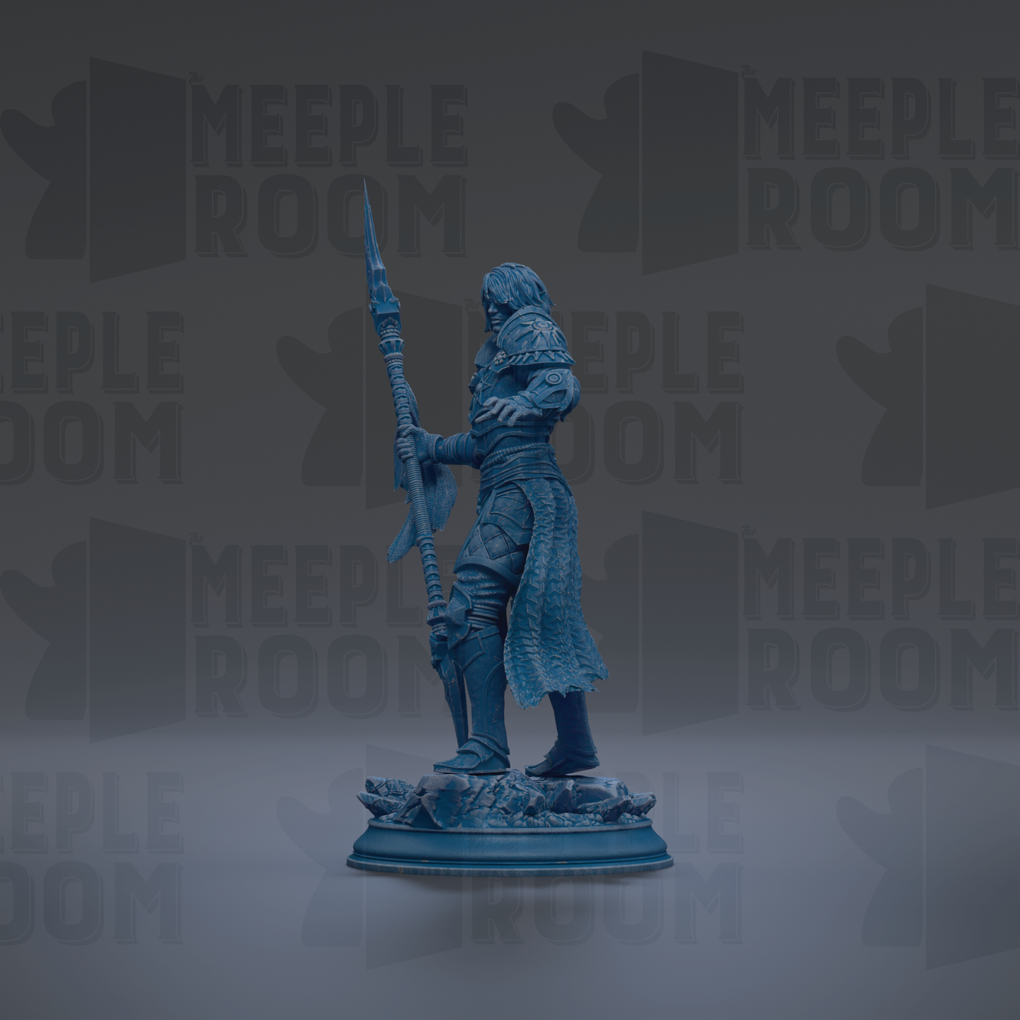 A blue figurine of a warrior standing on a pedestal, holding a spear and wearing armor.