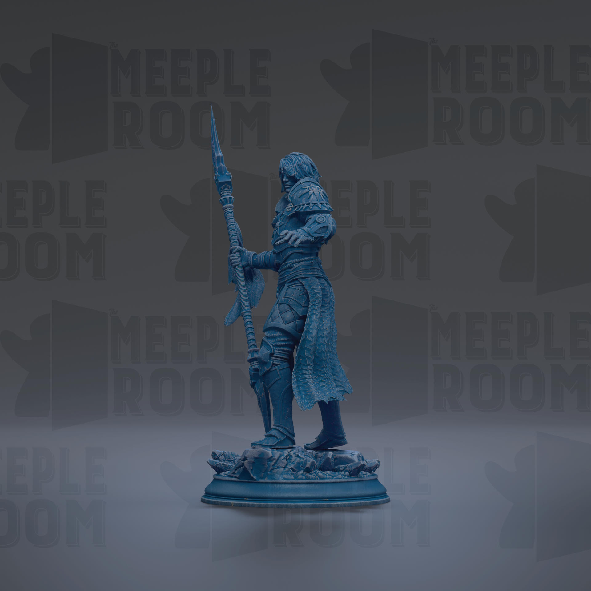 A blue figurine of a warrior standing on a pedestal, holding a spear and wearing armor.