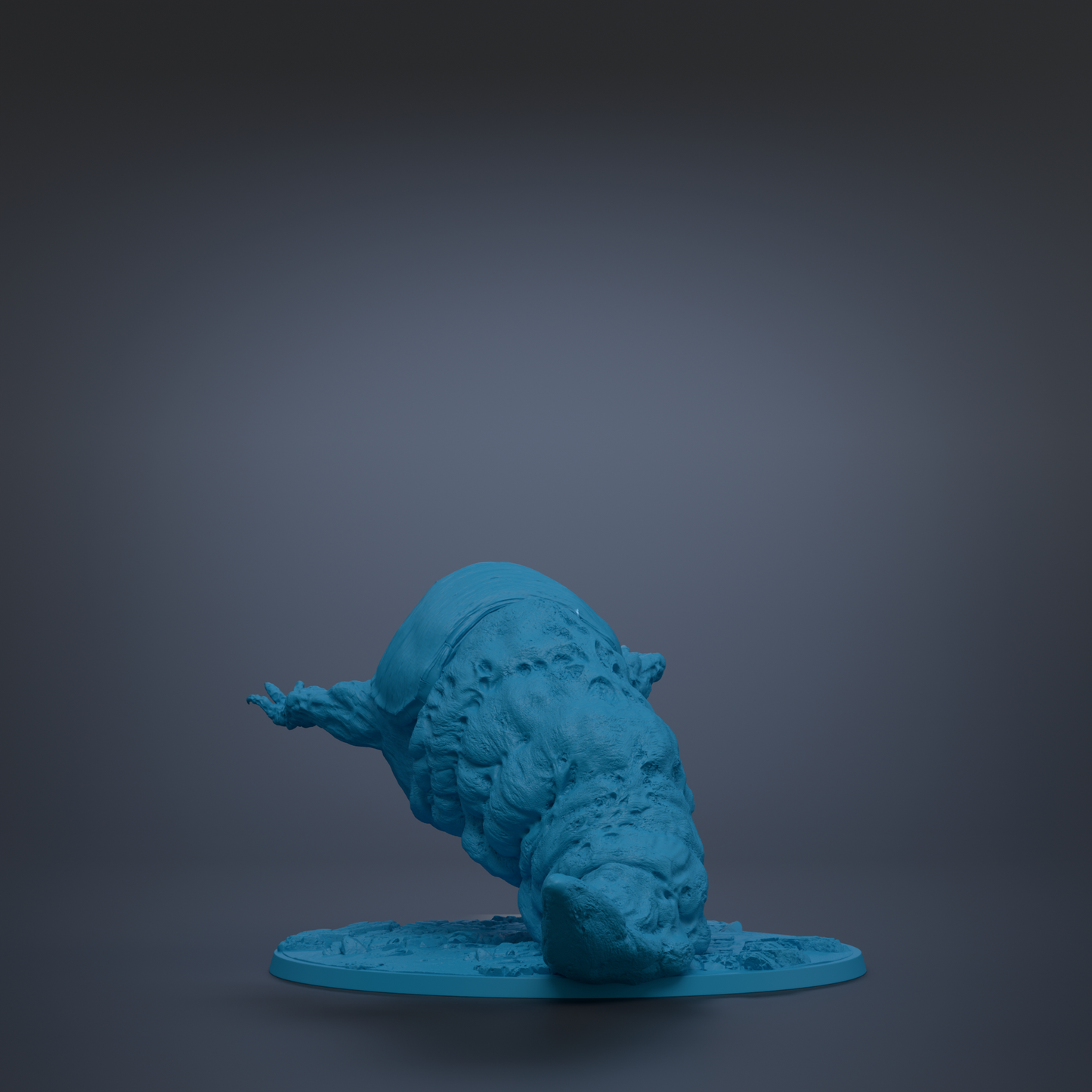 A blue, abstract sculpture of a twisted, distorted figure is shown against a dark background.
