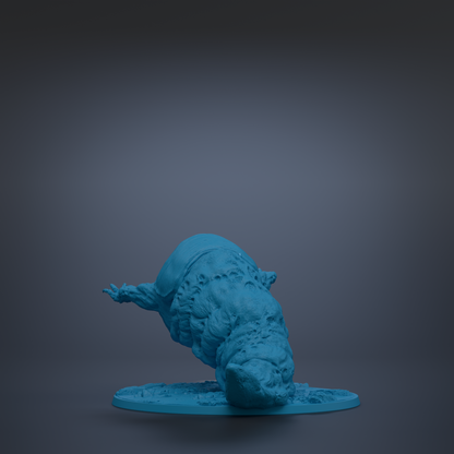 A blue, abstract sculpture of a twisted, distorted figure is shown against a dark background.