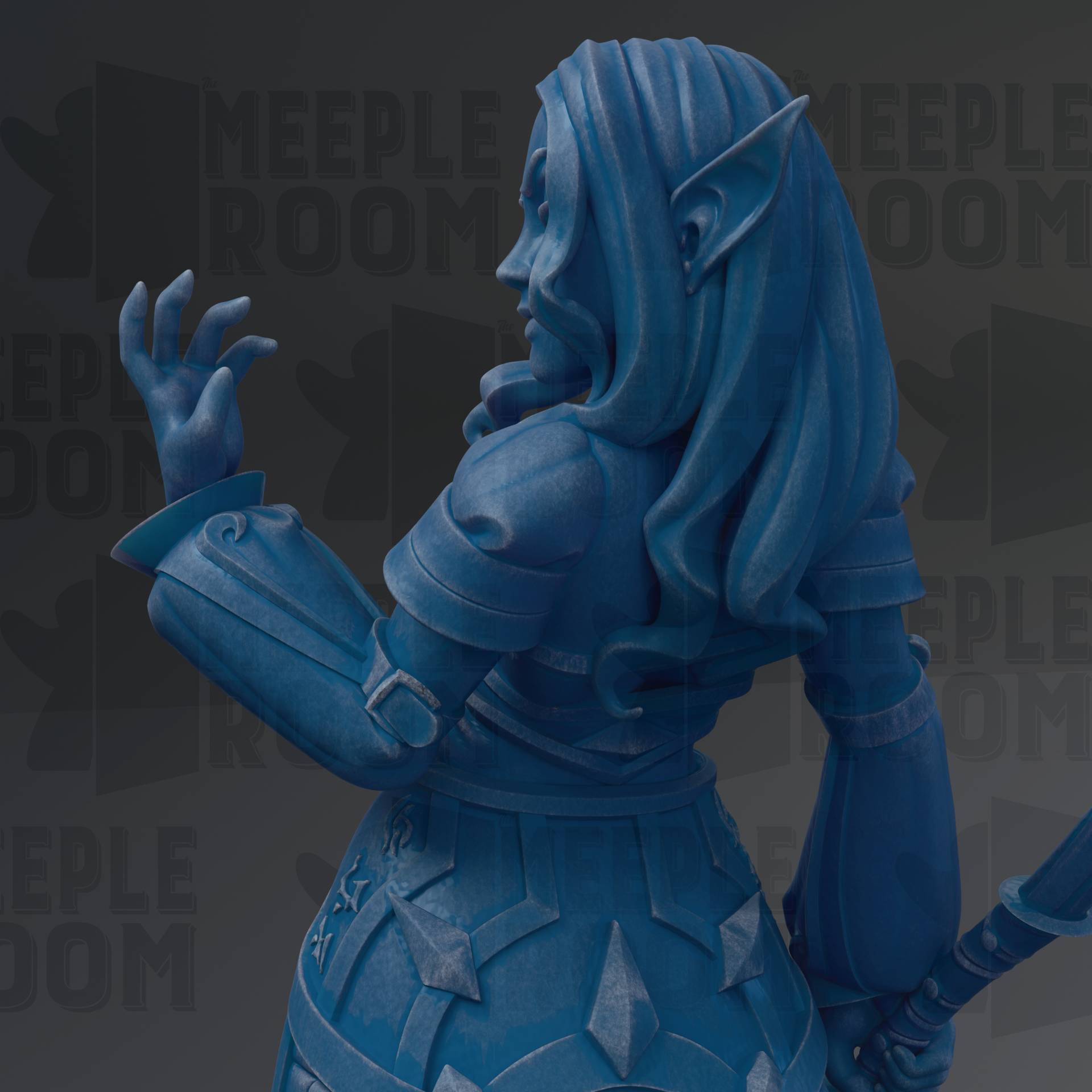 A blue statue of a woman with long hair and a flowing dress, holding a sword and standing in a room with the word "MEUPLEROOM" repeated in the background.