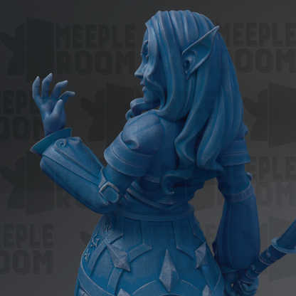 A blue statue of a woman with long hair and a flowing dress, holding a sword and standing in a room with the word "MEUPLEROOM" repeated in the background.