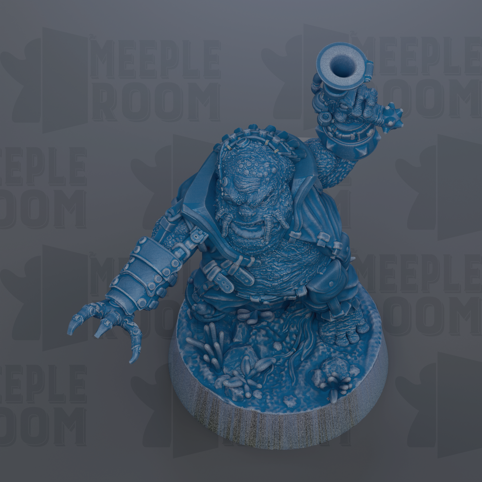 A blue, 3D-rendered figurine of a creature with a large head, armored body, and a raised weapon.
