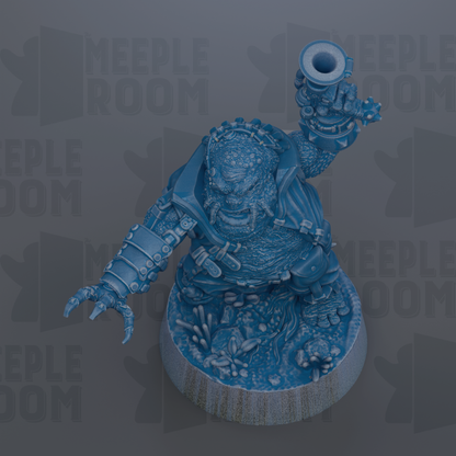 A blue, 3D-rendered figurine of a creature with a large head, armored body, and a raised weapon.