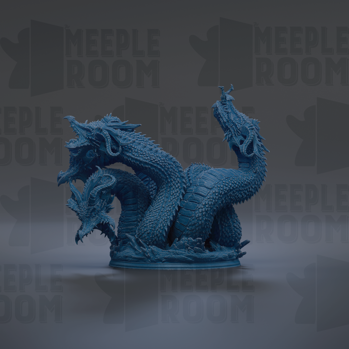 A 3D rendering of a blue, fantastical creature resembling a dragon or serpent, with intricate scales and a fierce expression.