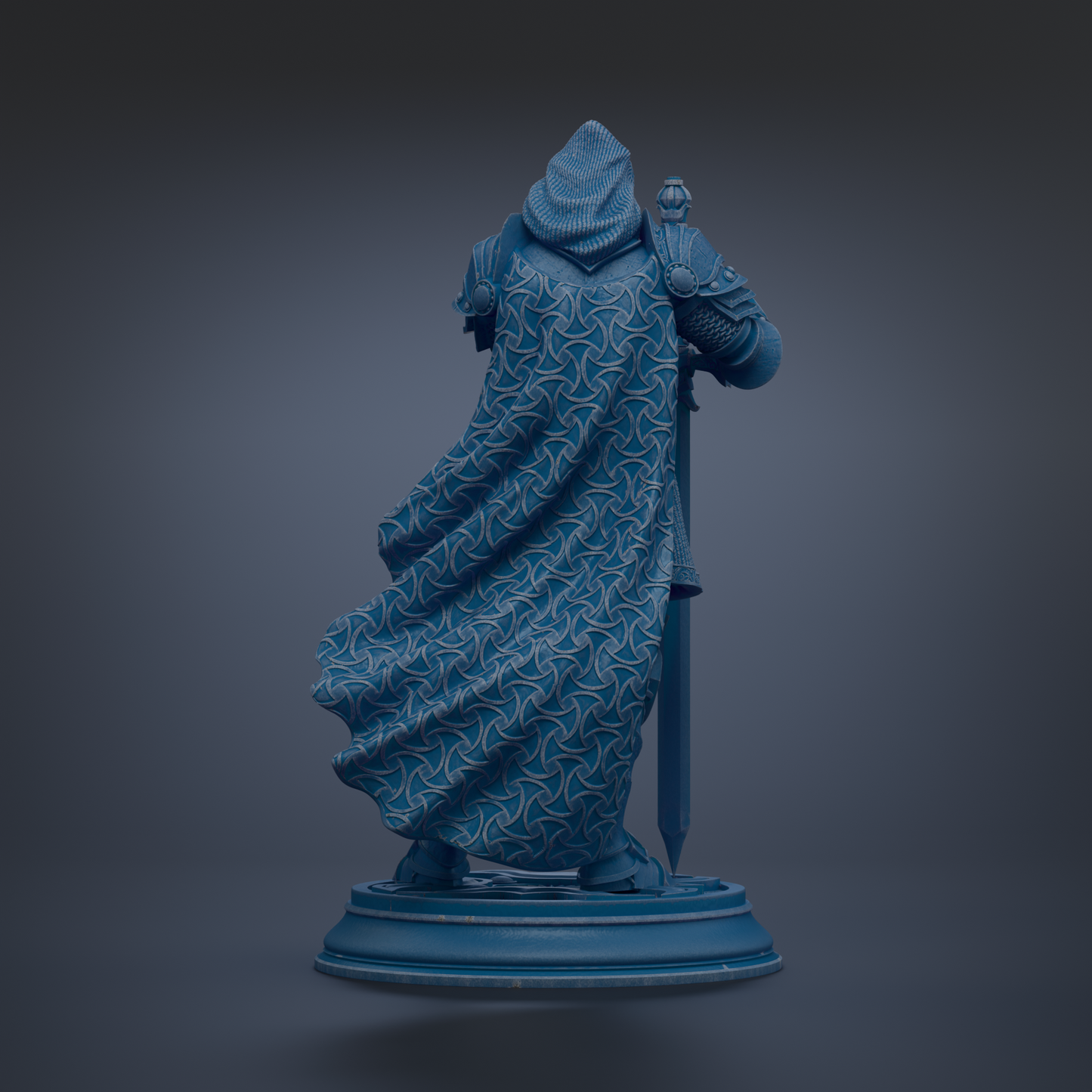 A blue statue of a figure with a flowing cape and holding a sword stands on a pedestal against a dark background.
