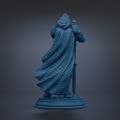 A blue statue of a figure with a flowing cape and holding a sword stands on a pedestal against a dark background.