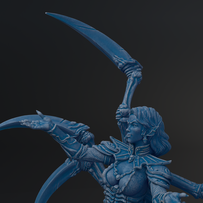 A detailed 3D rendering of a female character with intricate armor and weapons, set against a dark background.