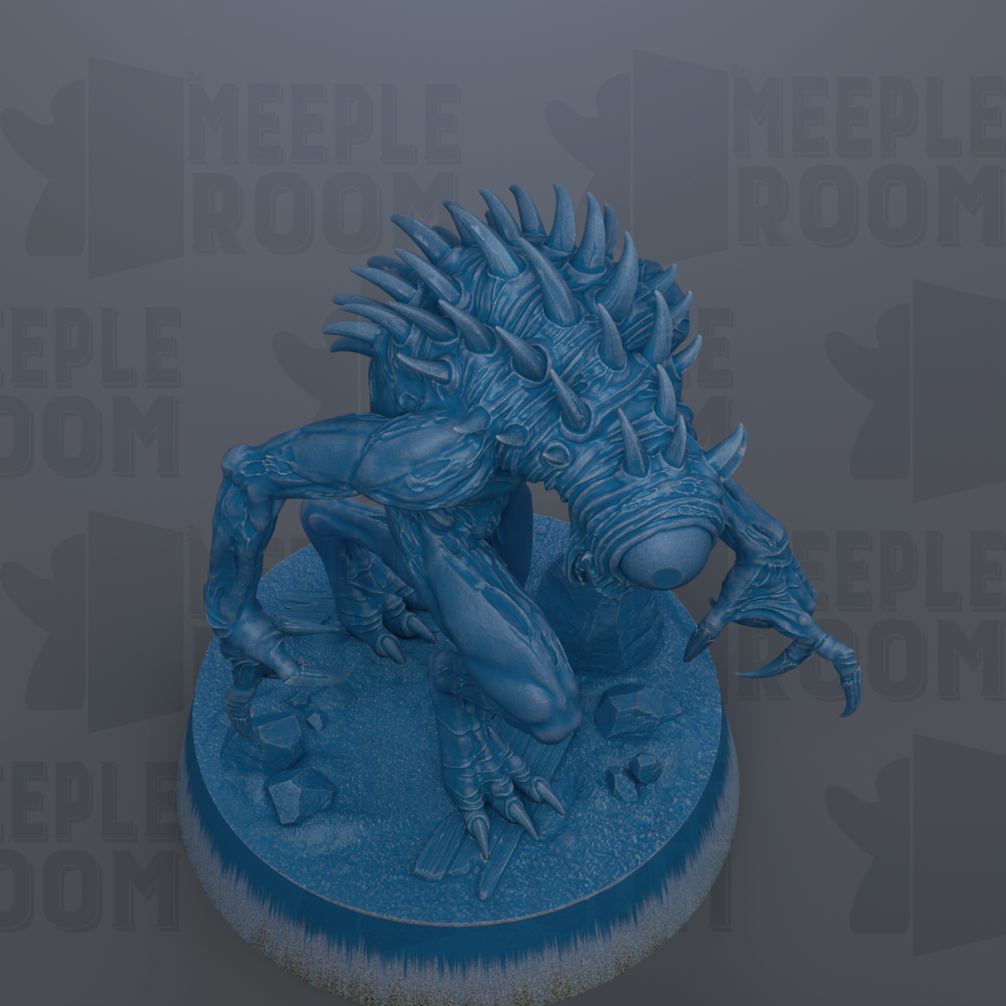 A 3D rendering of a blue, spiky creature with sharp claws, standing on a platform and appearing to be in a crouched or crouched position.