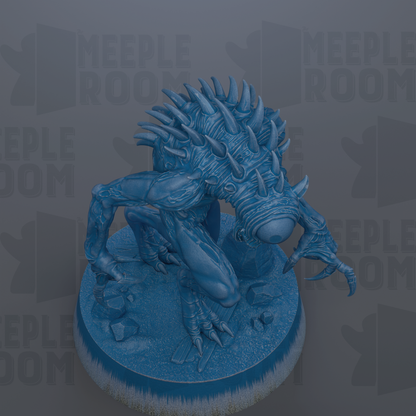 A 3D rendering of a blue, spiky creature with sharp claws, standing on a platform and appearing to be in a crouched or crouched position.