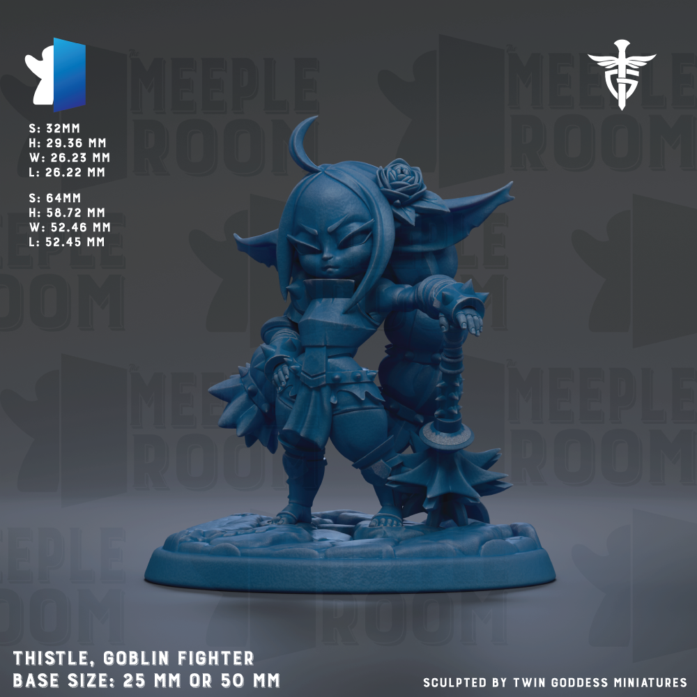 The image is a detailed model of a thistle, a type of magical staff, in the shape of a goblin fighter. The base size of the figurine is either 25mm or 50mm. The figurine is sculpted by Twin Goddess Miniatures.