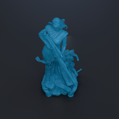 A blue 3D model of a female character holding a gun and standing on a platform.