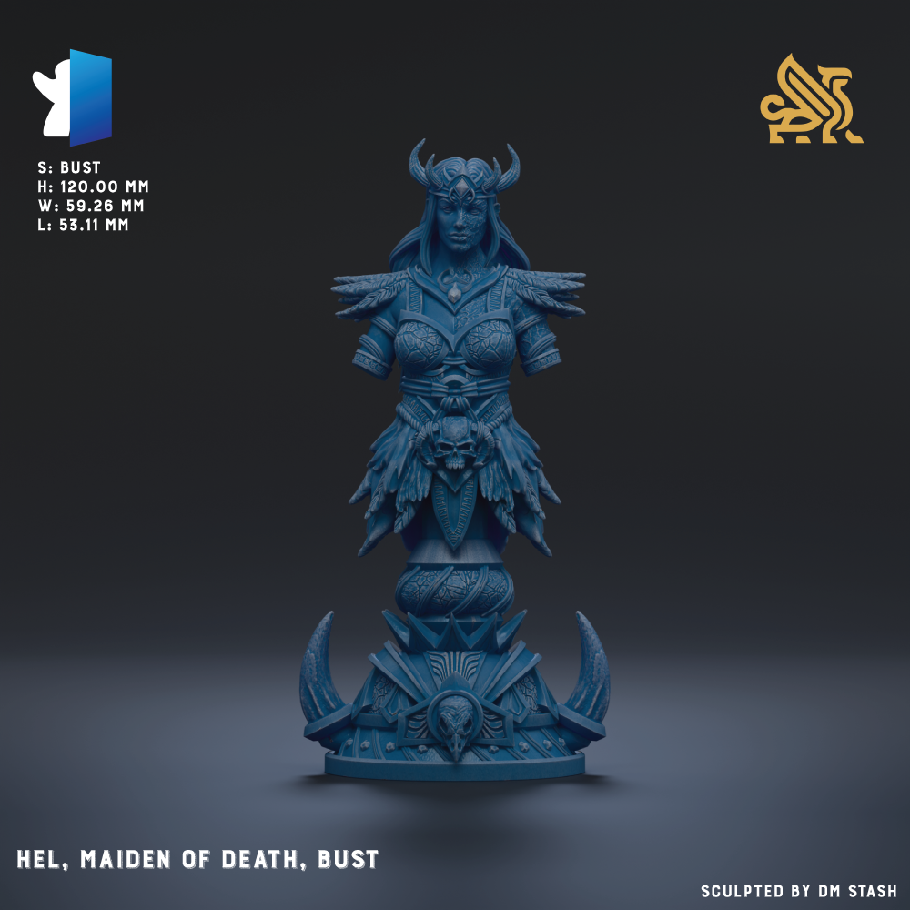 a bust of a woman with horns, wearing a blue outfit and a skull on her shoulder.