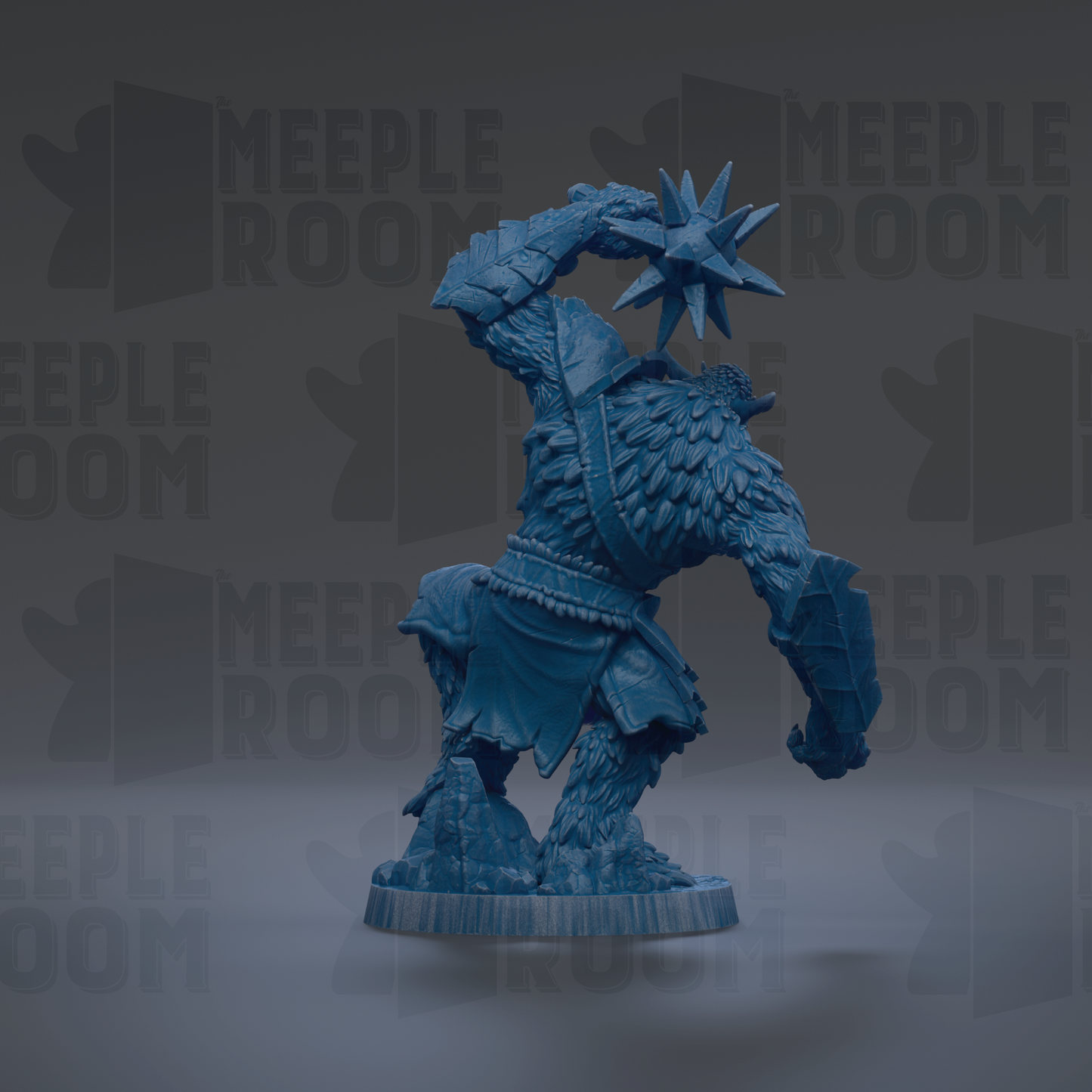 A blue, 3D-rendered figurine of a fantastical creature with a large head and sharp claws, standing on a rock formation.