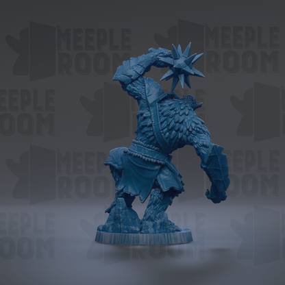 A blue, 3D-rendered figurine of a fantastical creature with a large head and sharp claws, standing on a rock formation.