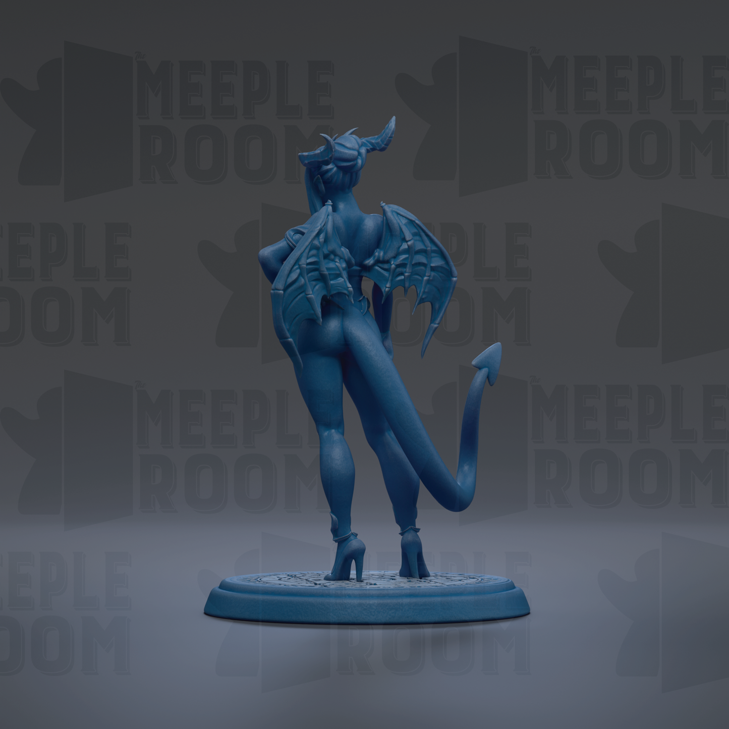 A blue figurine of a winged, horned creature with a tail, standing on a circular base.