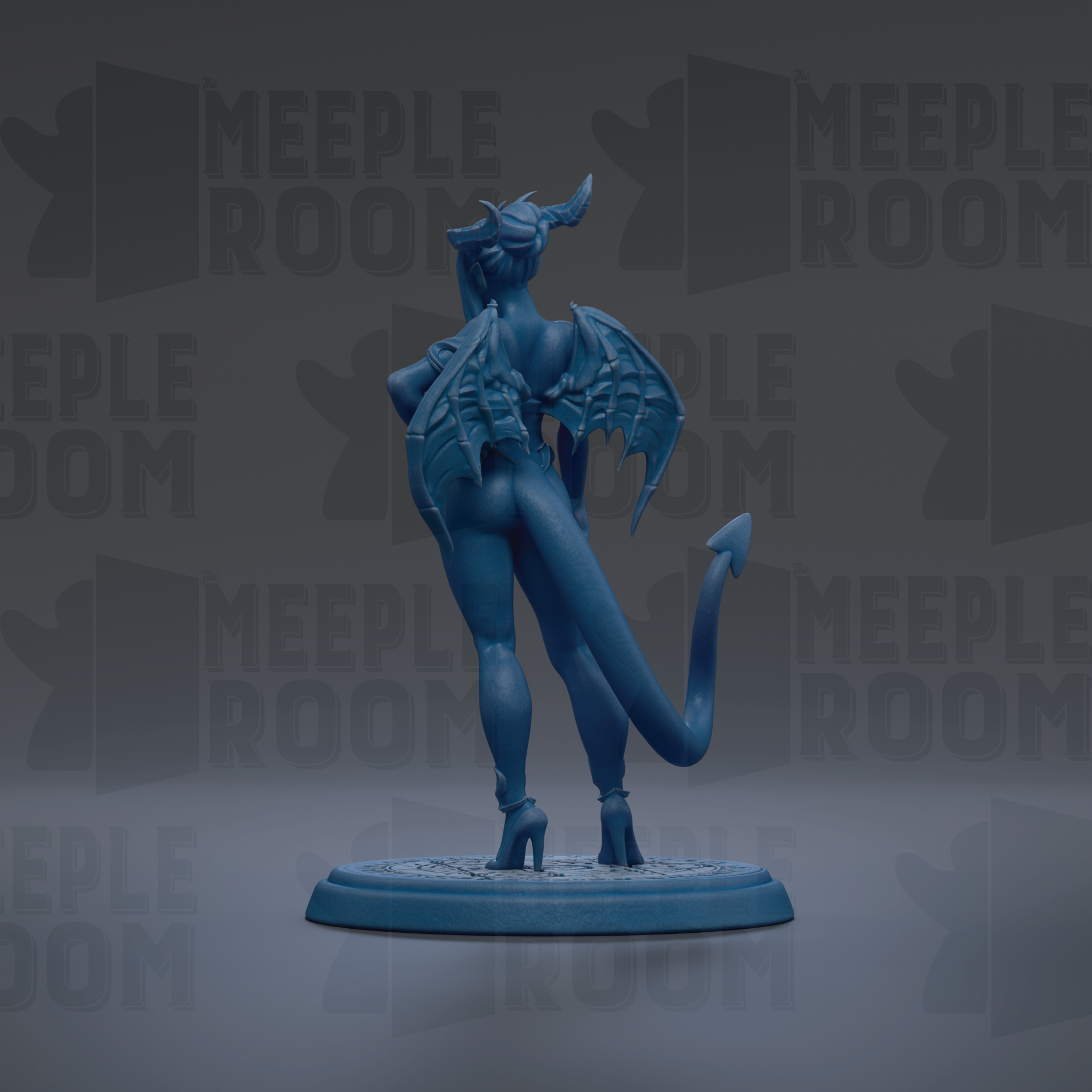 A blue figurine of a winged, horned creature with a tail, standing on a circular base.