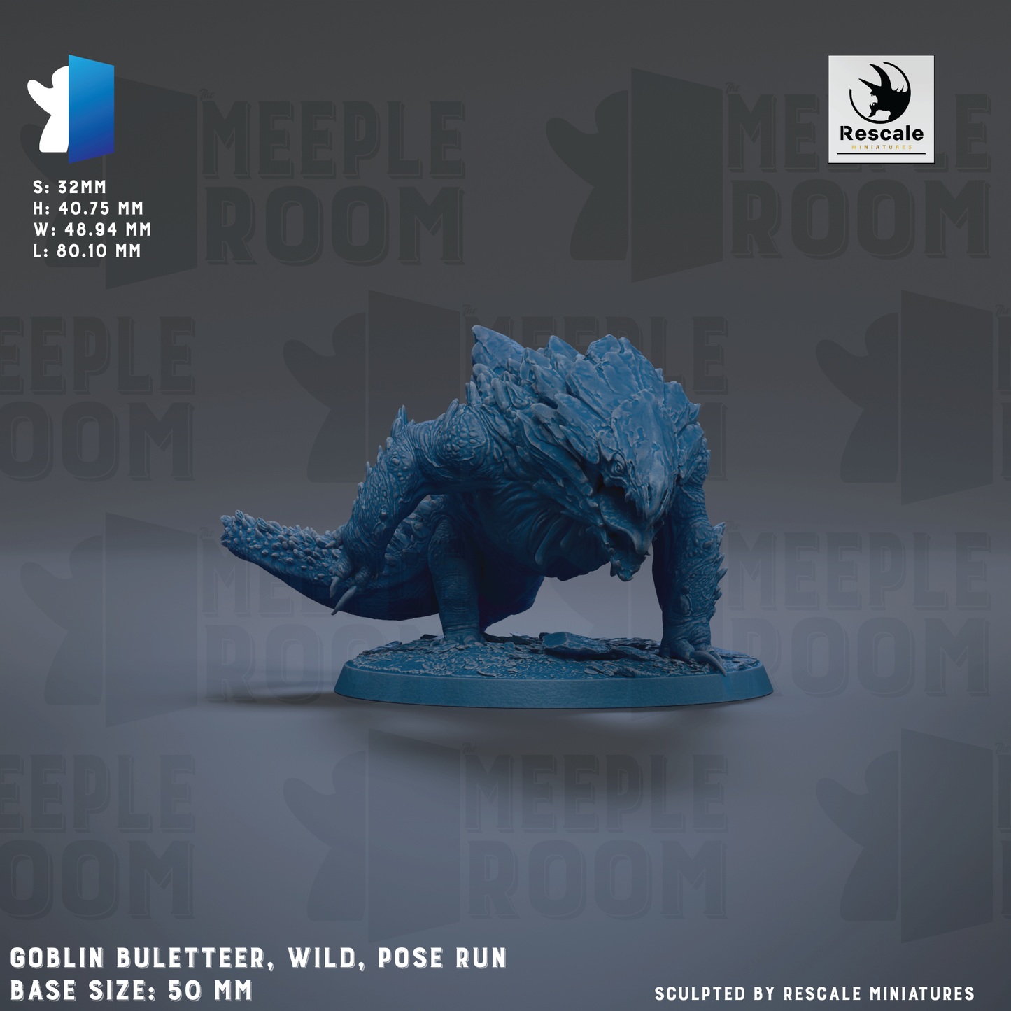 a blue, 3D-rendered cobra-like creature with a textured, armored appearance, standing on a base. The creature is described as a "Goblin Bulleteer, Wild, Pose Run" and is shown in various sizes, ranging from 50 to 80 millimeters. The background of the image is a dark gray color, and the text "MEIPLE ROOM" is visible, suggesting the image may be part of a larger collection or series.
