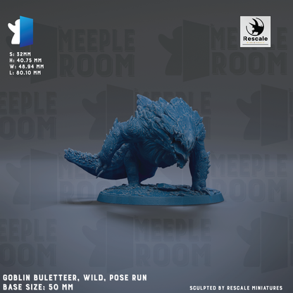 a blue, 3D-rendered cobra-like creature with a textured, armored appearance, standing on a base. The creature is described as a "Goblin Bulleteer, Wild, Pose Run" and is shown in various sizes, ranging from 50 to 80 millimeters. The background of the image is a dark gray color, and the text "MEIPLE ROOM" is visible, suggesting the image may be part of a larger collection or series.