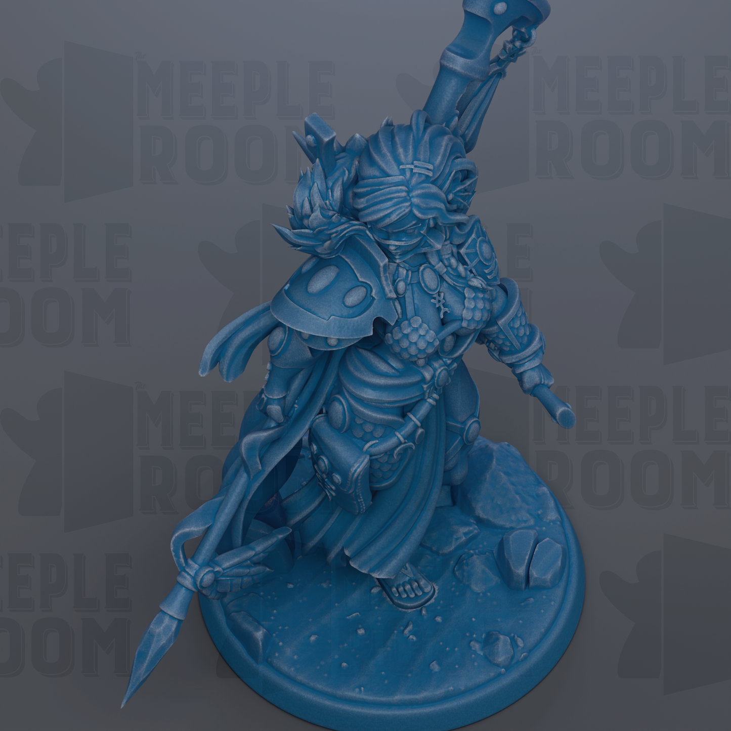 A blue, 3D-rendered fantasy character with a large weapon and intricate armor stands on a base, surrounded by a dark background with repeated text.