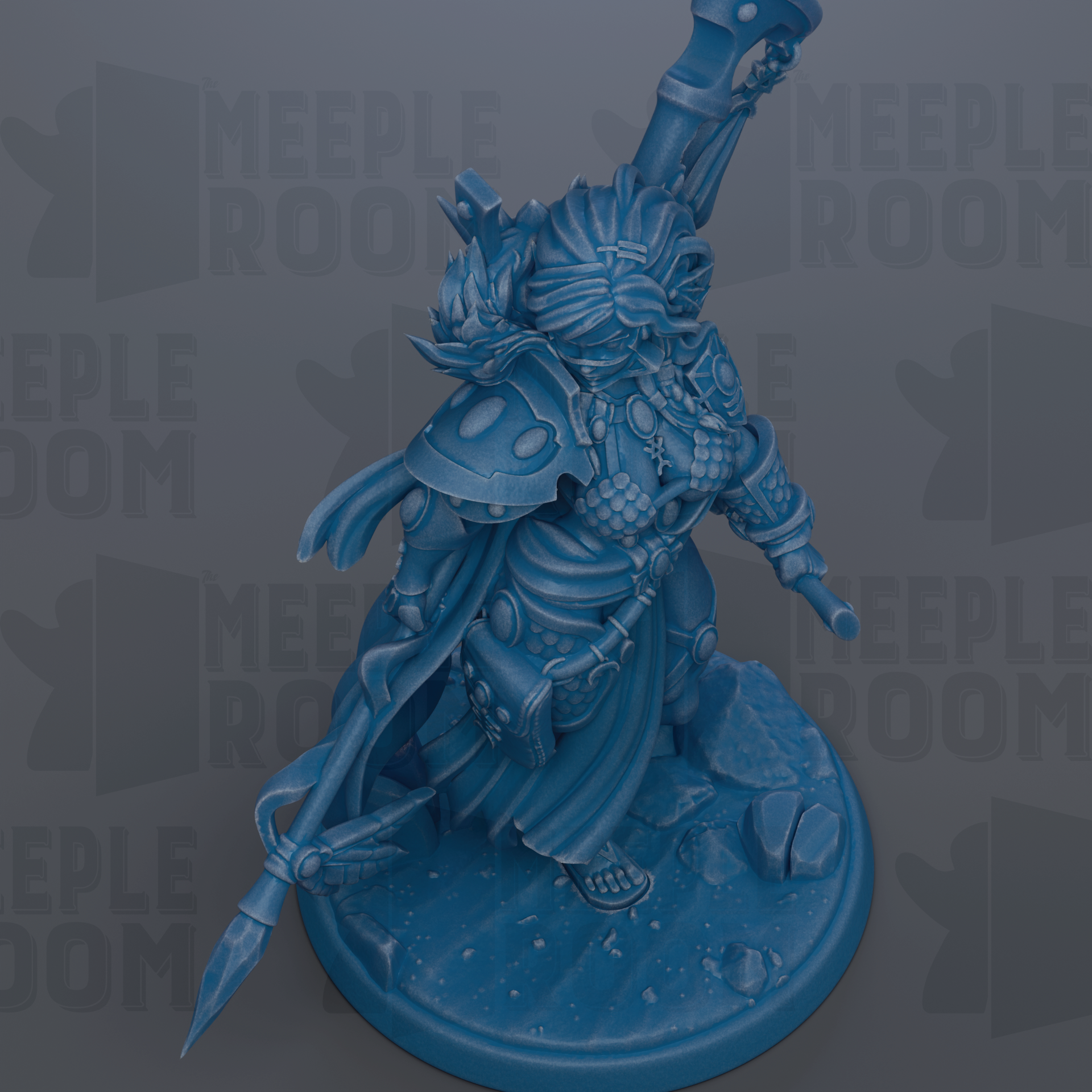 A blue, 3D-rendered fantasy character with a large weapon and intricate armor stands on a base, surrounded by a dark background with repeated text.
