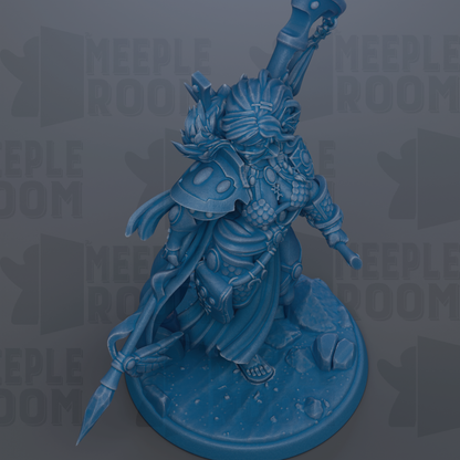 A blue, 3D-rendered fantasy character with a large weapon and intricate armor stands on a base, surrounded by a dark background with repeated text.