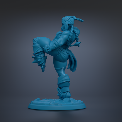 A blue 3D model of a female character with braided hair, wearing a helmet and holding a weapon, standing on one leg against a dark background.