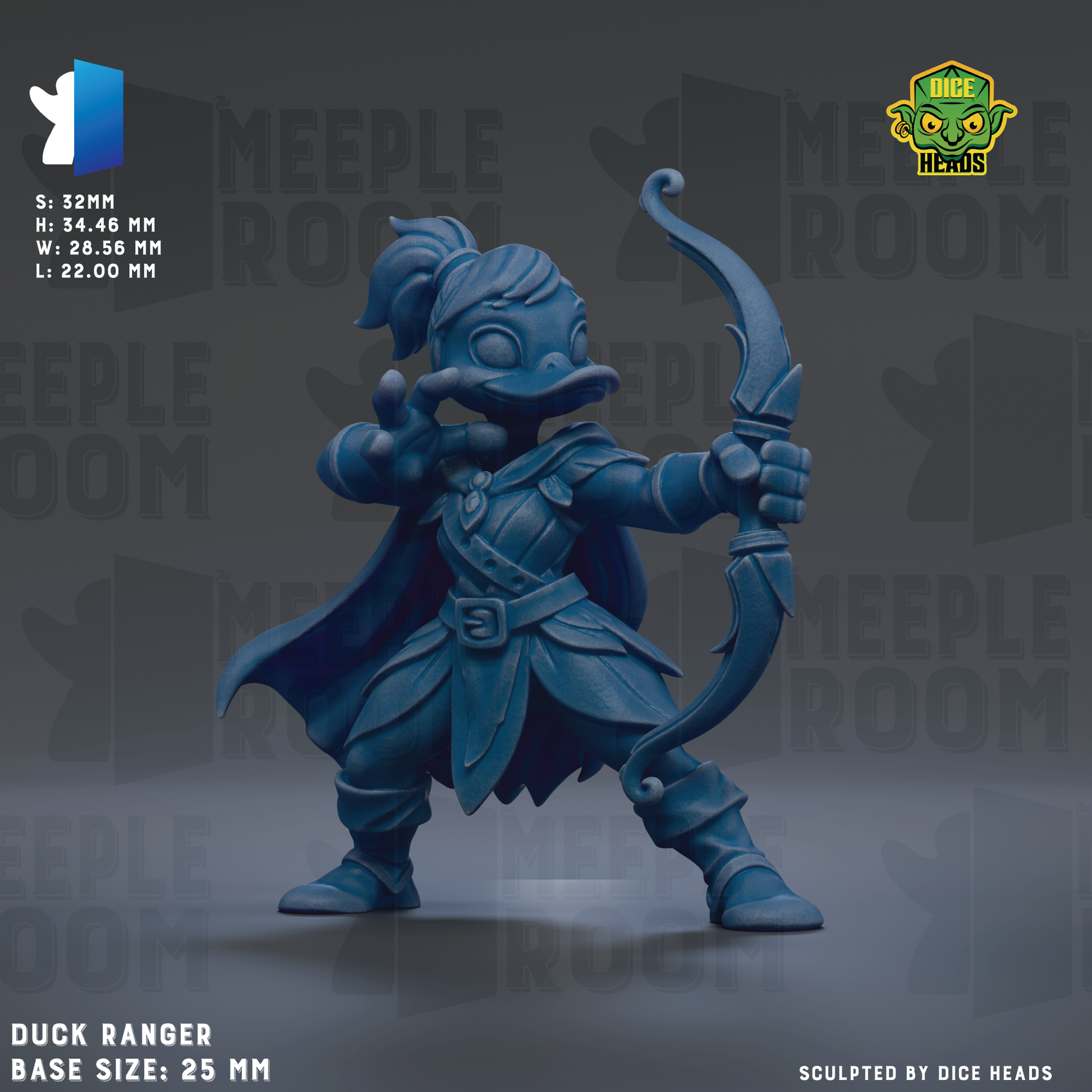 A 3D rendering of a blue duck-like character holding a bow and arrow, with the text "Duck Ranger" and "Base Sizes: 26 mm" visible.