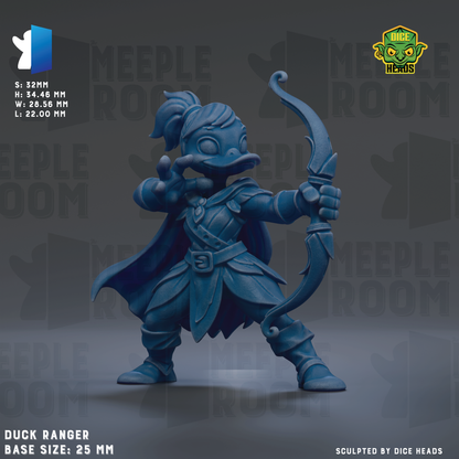 A 3D rendering of a blue duck-like character holding a bow and arrow, with the text "Duck Ranger" and "Base Sizes: 26 mm" visible.