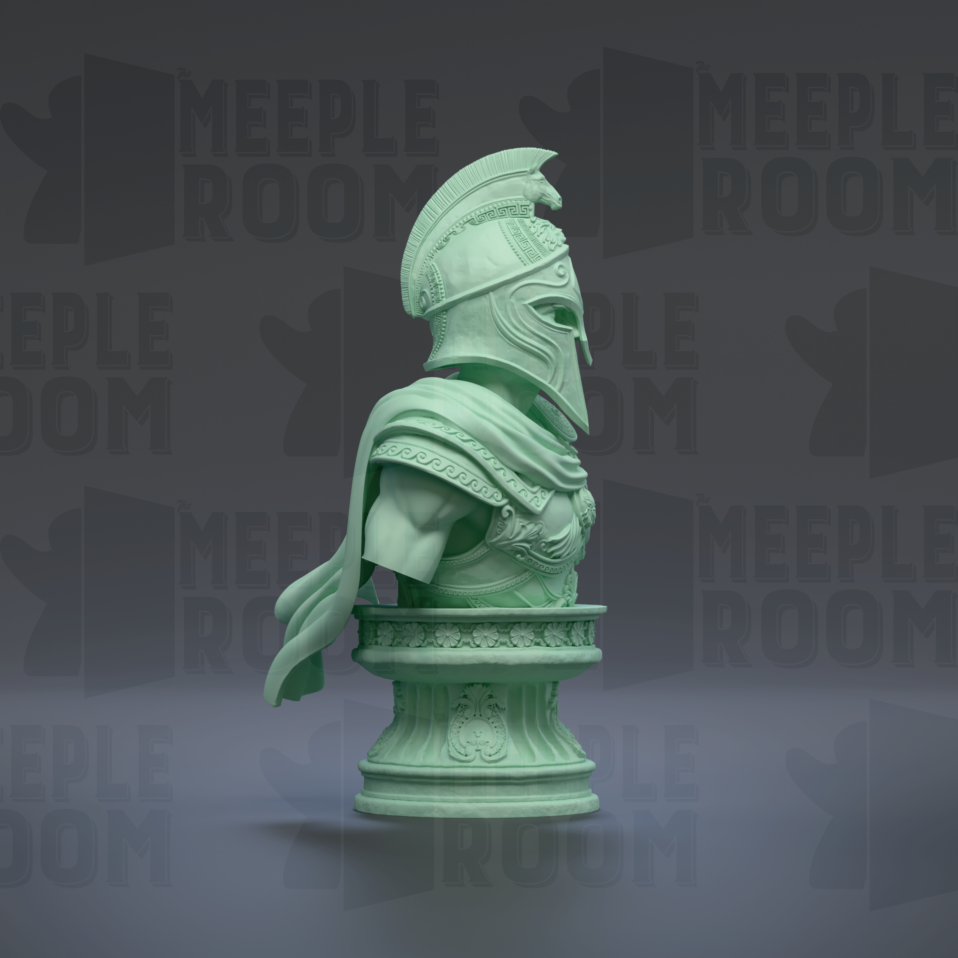 A green statue of a warrior figure wearing a helmet and armor, standing on a pedestal against a dark background with repeated text.