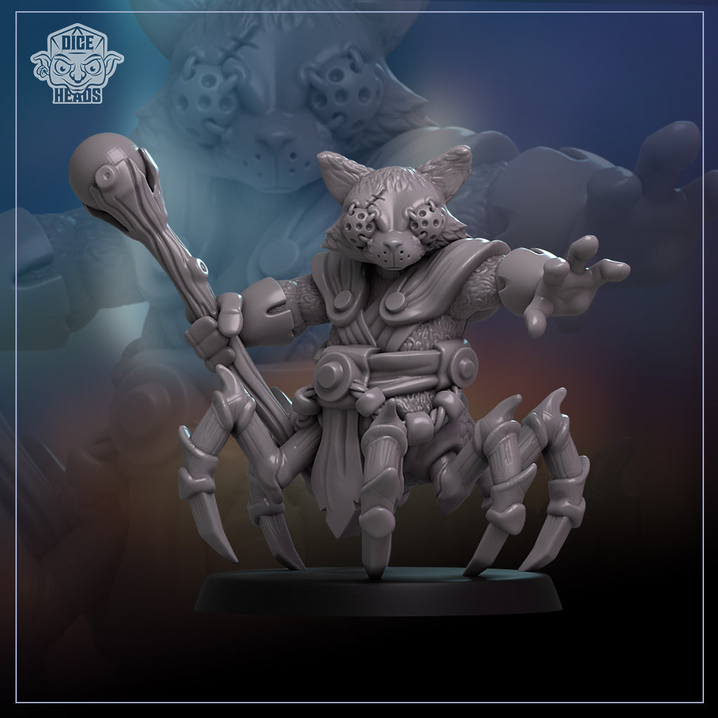 A detailed 3D model of a spider-like creature with a web-like appearance, holding a staff and standing on a base.