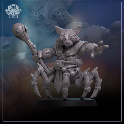A detailed 3D model of a spider-like creature with a web-like appearance, holding a staff and standing on a base.