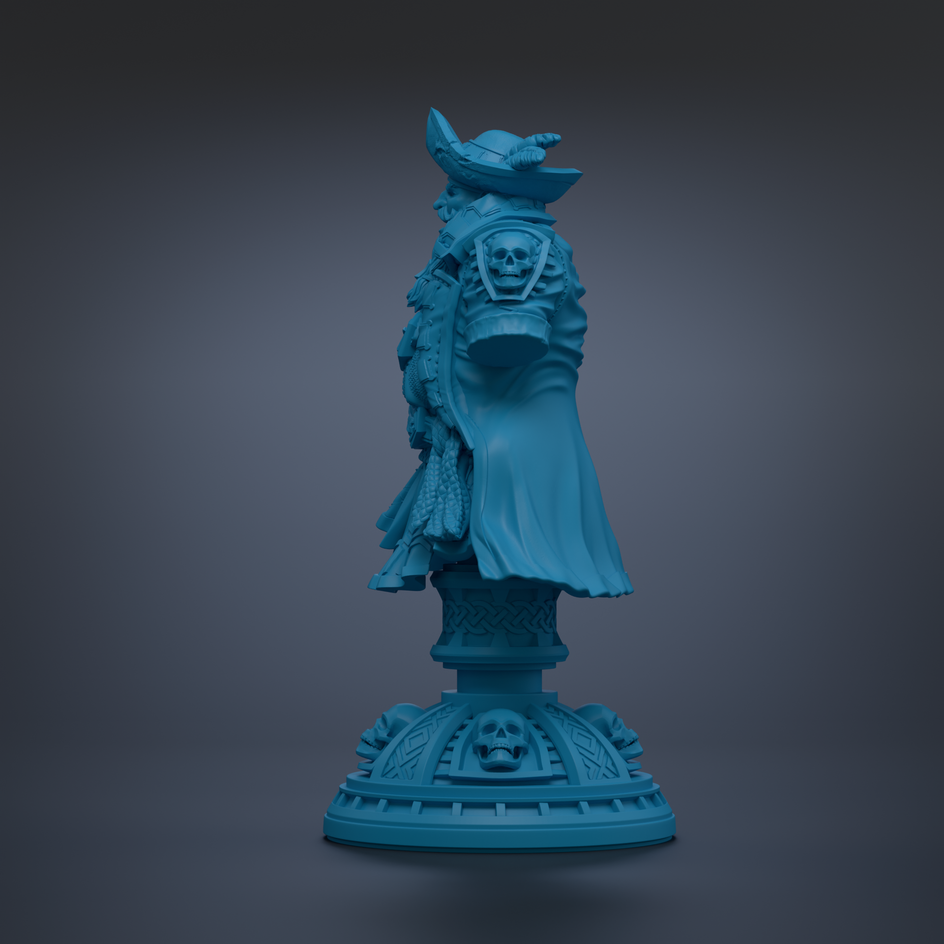A blue statue of a pirate standing on a pedestal.