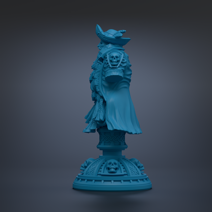 A blue statue of a pirate standing on a pedestal.