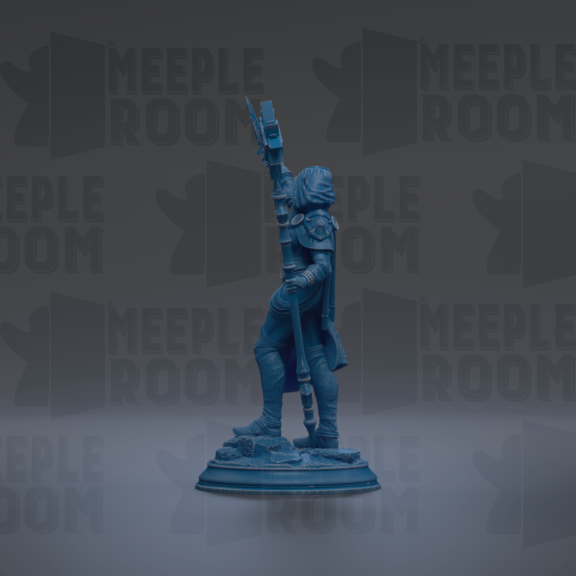 A blue figurine of a person standing on a pedestal, holding a weapon, against a dark background with repeated text.