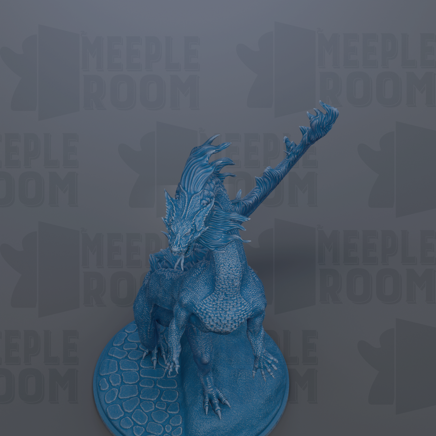 A blue dragon figurine is displayed against a gray background with repeated "MEIPLLE ROOM" text.
