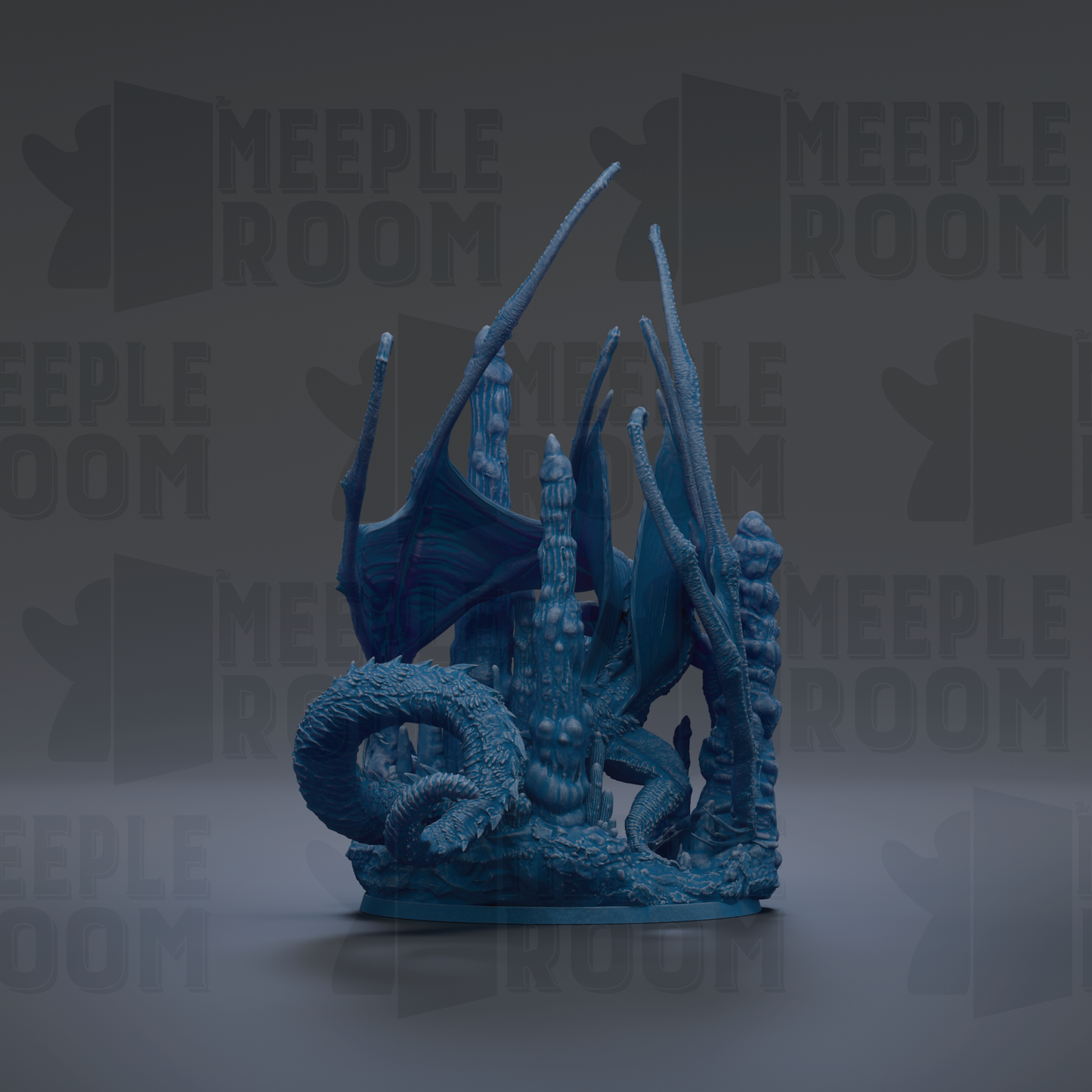 A 3D rendering of a blue dragon-like creature with intricate details and a textured appearance, set against a dark background with repeated text.