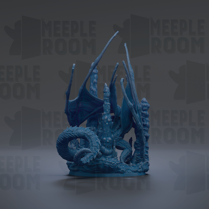 A 3D rendering of a blue dragon-like creature with intricate details and a textured appearance, set against a dark background with repeated text.