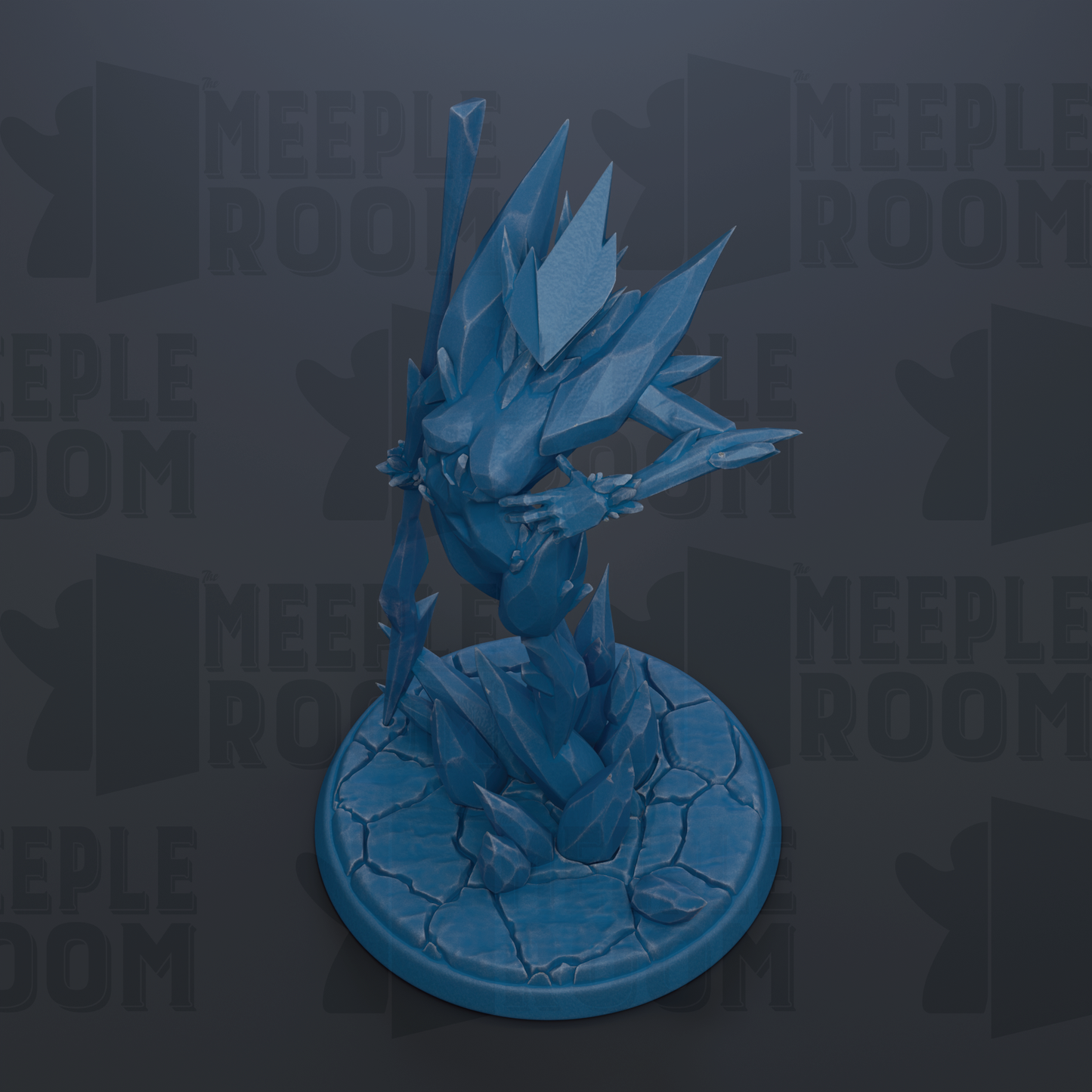 A blue, 3D-rendered figurine of a fantastical creature with sharp, angular features stands on a cracked, rocky base against a dark background with repeated text.