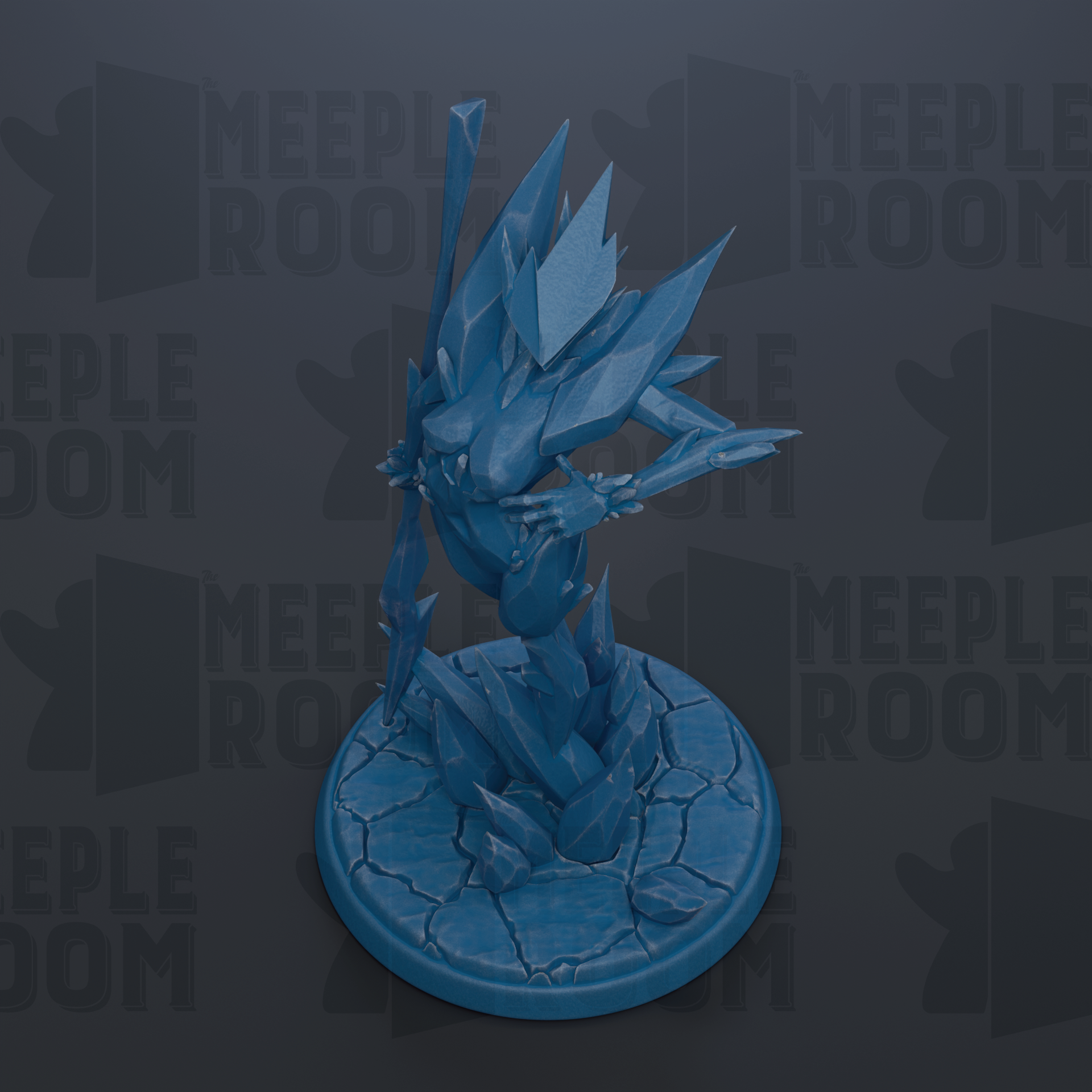A blue, 3D-rendered figurine of a fantastical creature with sharp, angular features stands on a cracked, rocky base against a dark background with repeated text.