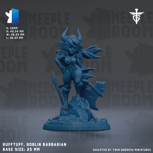 The image is a figurine of a female character, likely a dwarf or barbarian, with horns and a sword, standing on a rock formation. The figurine is described as being 25mm in height and is made of a blue material. The background of the image is a dark gray color, and there are repeated instances of the word "MEIPLLE" in the background.